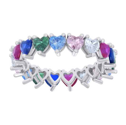 Sterling Silver Multi Colors Hearts Stones Eternity Ring Band