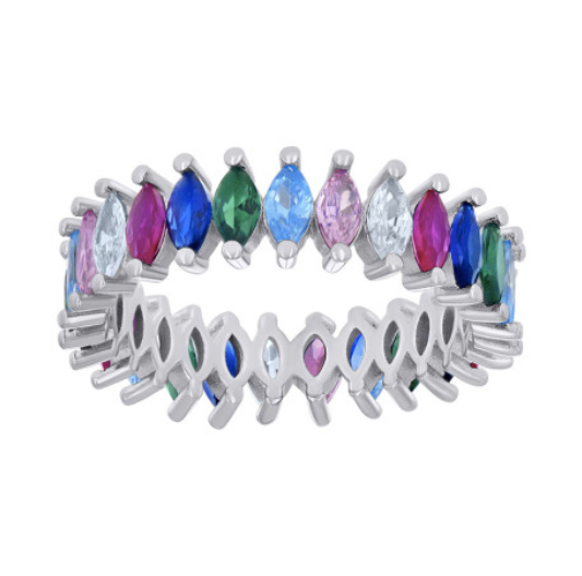 Sterling Silver Marquise Multi Color Stones Eternity Band