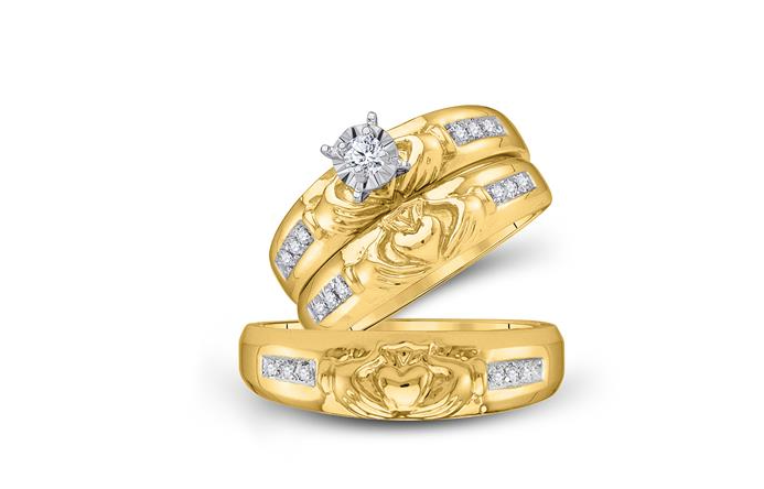 CLADDAGH DIAMOND MATCHING WEDDING TRIO RING SET