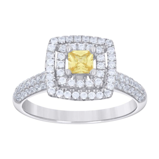 Sterling Silver Womens Yellow White Princess-Cut Round Cubic-Zirconia Square Fashion Ring