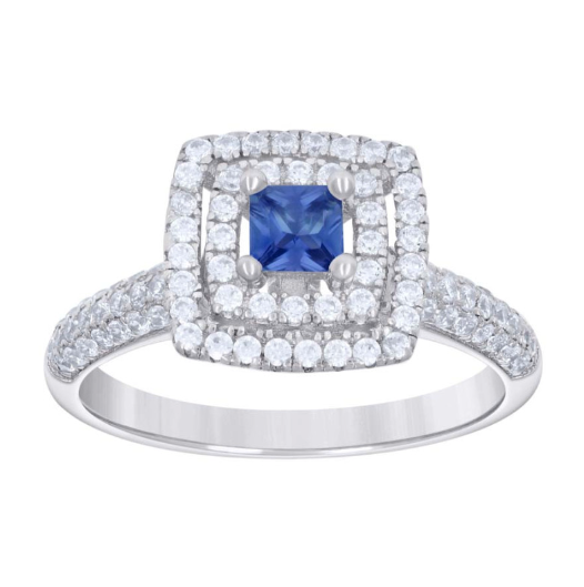 Sterling Silver Blue White Princess-Cut Round Cubic-Zirconia Square Fashion Ring