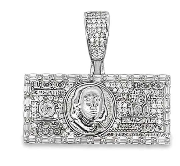 Sterling Silver $100 Bill Baguette Iced Out Moissanite Pendant
