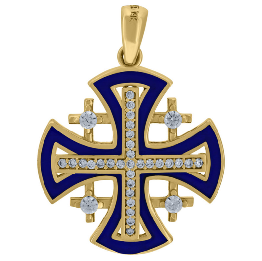 14k Yellow Gold Unisex Jerusalem Cross Blue Enamel Charm