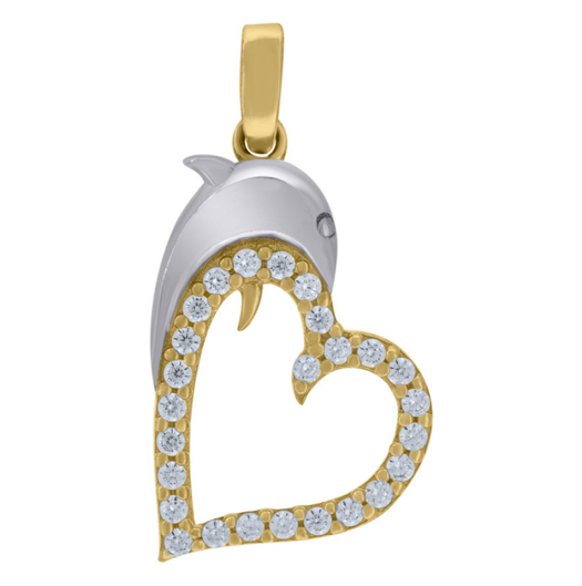 14K Two-tone Gold Womens White Sapphires Dolphin Heart Charm