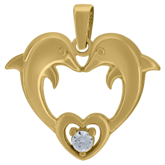 14k Yellow Gold Double Dolphins Heart Charm