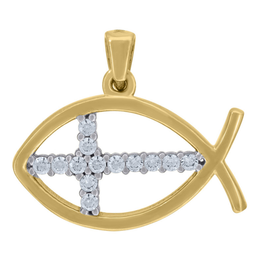 14k Yellow Gold Unisex White Sapphires Ichthus With Cross Charm