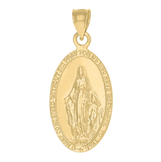 14K Yellow Gold Unisex Mary Pray for Us Oval Charm