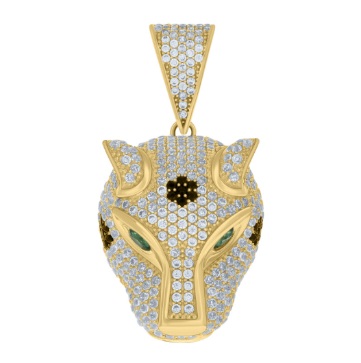 10k Yellow Gold Mens Green/Black White CZ Panther Head Animal Wildlife Charm