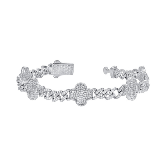 Sterling Silver 12mm Clover White Sapphires 7 inches Cuban Bracelet