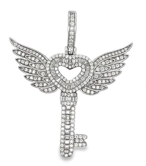 Sterling Silver Heart Key with Wings Baguette Iced Out Moissanite Pendant