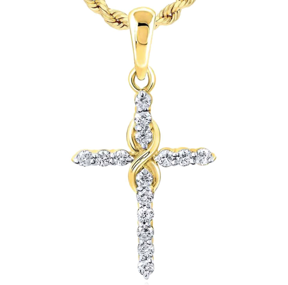 A 10k gold infinity-shaped cross pendant with diamond accents on a white background.
