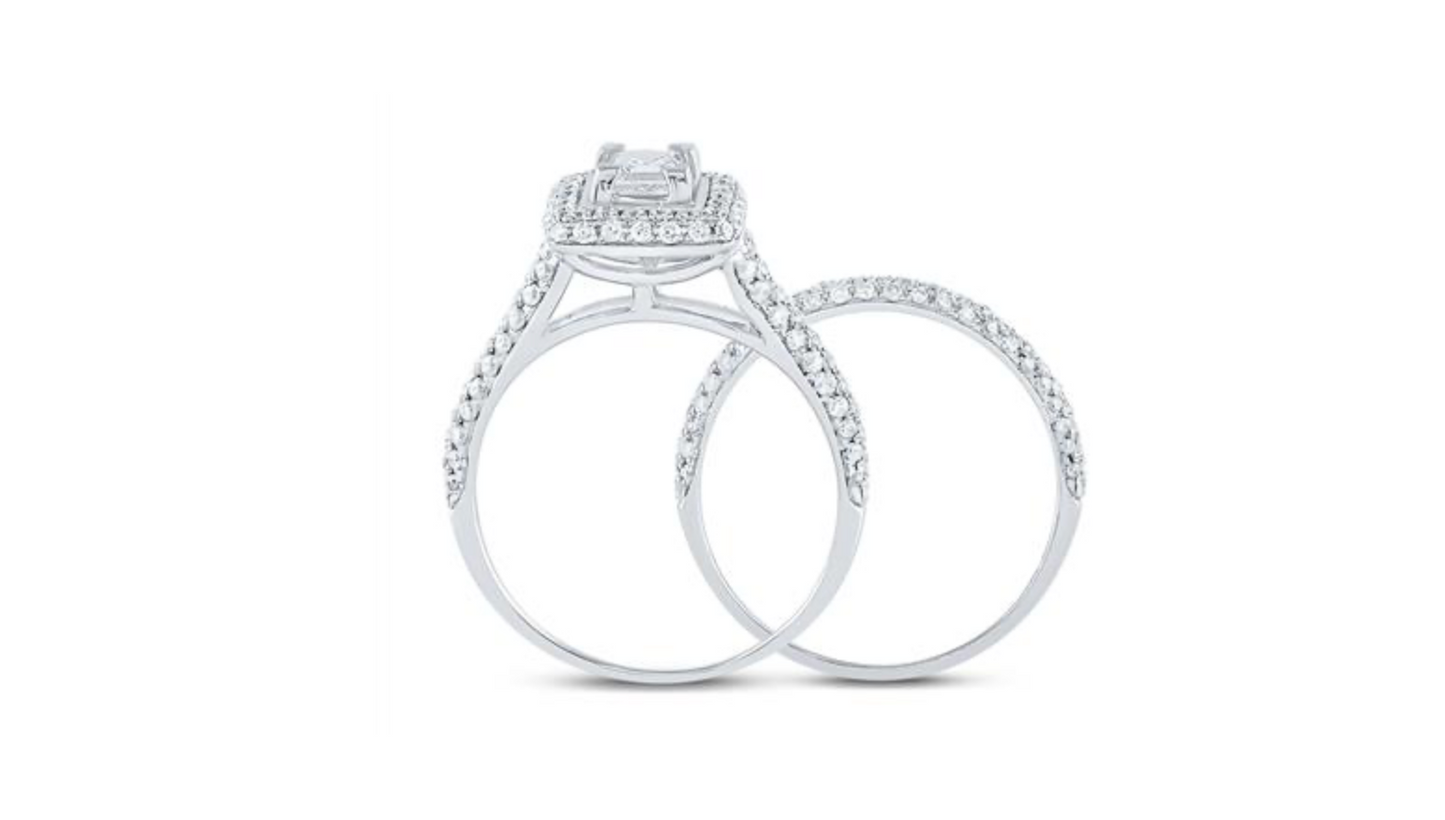 14K White Gold Princess Diamond Halo Bridal Wedding Ring Set – 1 1/4 CTTW (Certified)