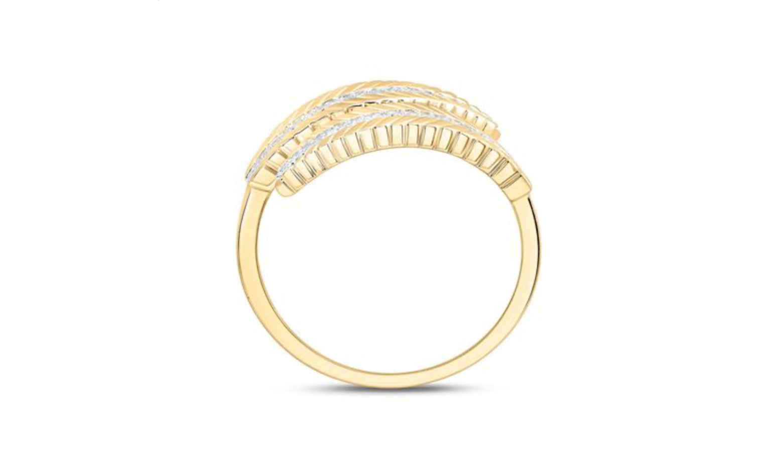 Gold ring with diamond accents on a white background