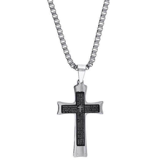 Two-tone stainless steel men’s prayer cross pendant necklace with 24-inch box chain