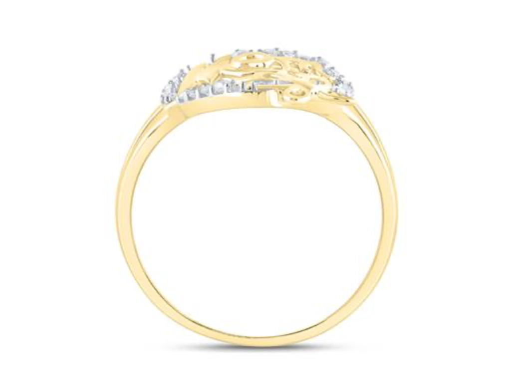 Gold ring with diamond accents on a white background