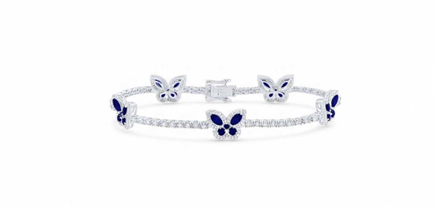 14K White Gold Natural Diamond & Blue Sapphire Butterfly Bracelet – 1 CTW