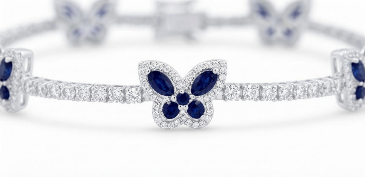 14K White Gold Natural Diamond & Blue Sapphire Butterfly Bracelet – 1 CTW