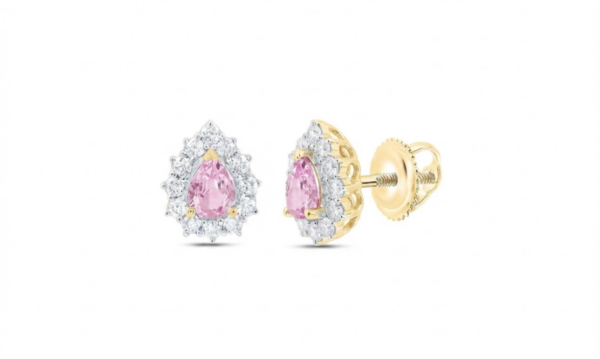 3/8 CTW Natural Diamond & Pink Sapphire Pear Earrings in 14K Yellow Gold