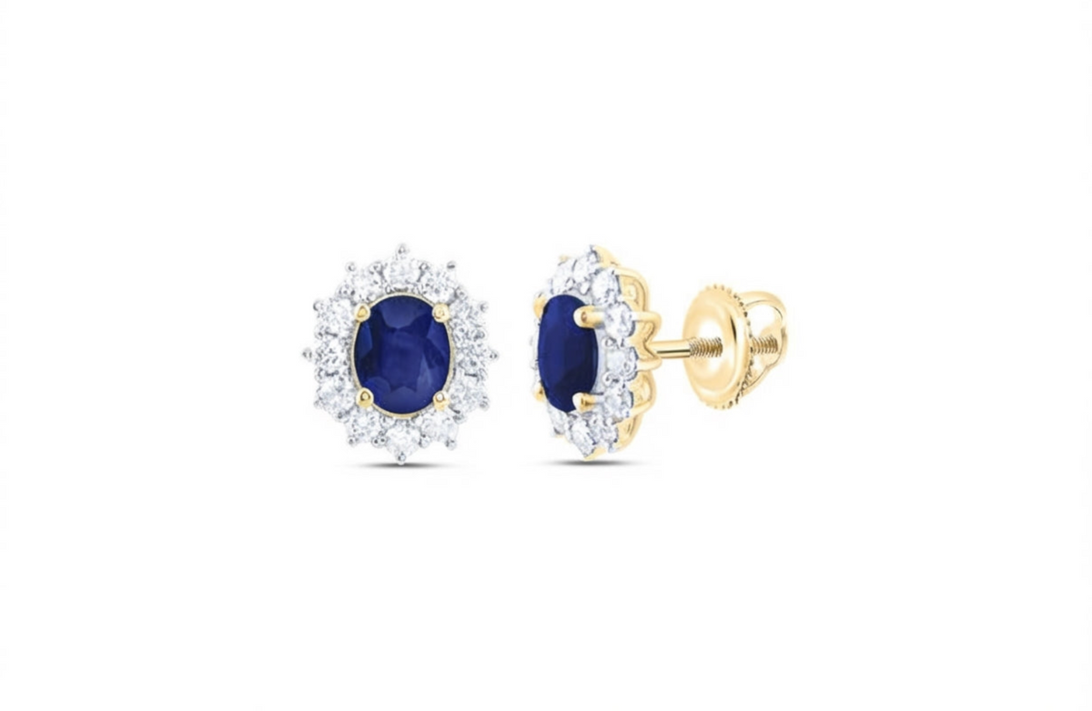 3/8 CTW Natural Diamond & Blue Sapphire Oval Earrings in 14K Yellow Gold