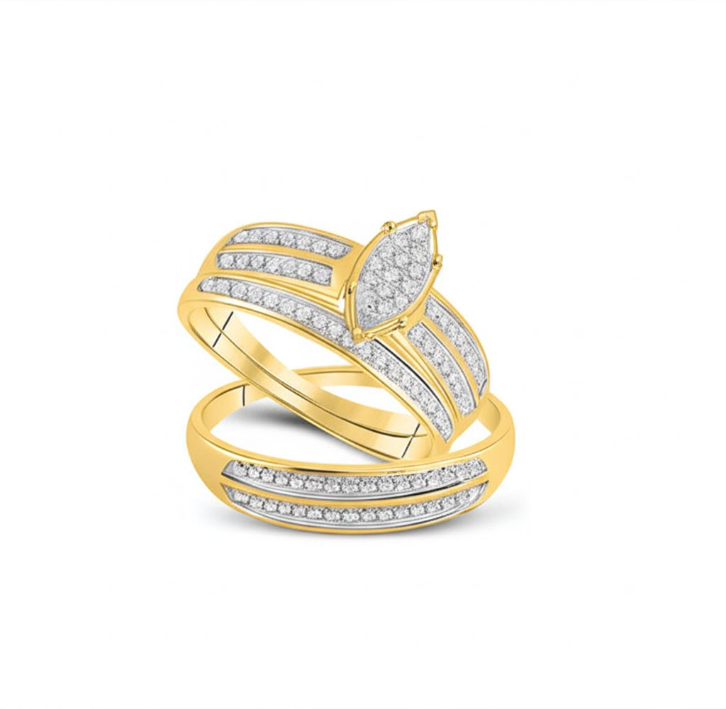 Gold ring with diamond accents on a white background