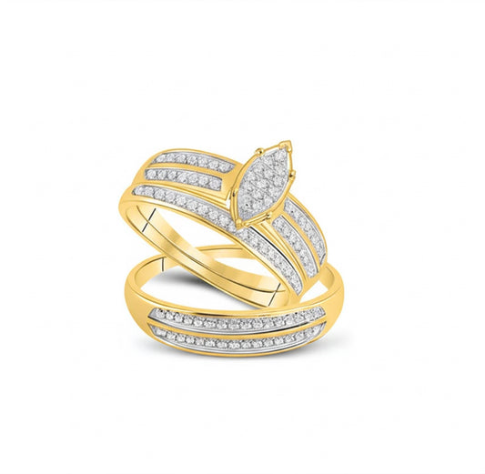 Gold ring with diamond accents on a white background