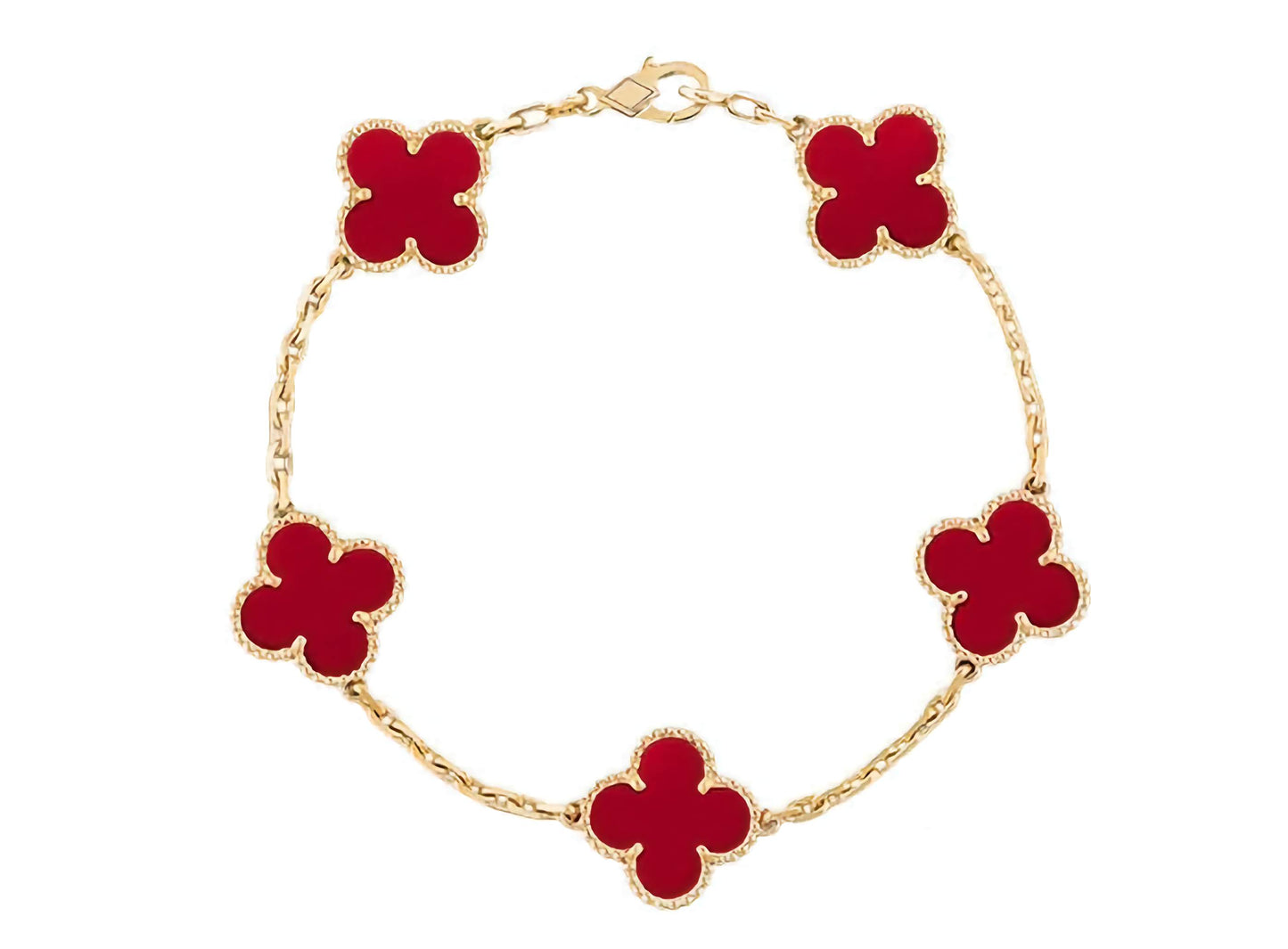Gold tone stainless steel red clover bracelet – front view