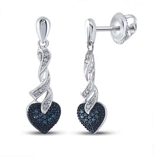 Sterling Silver Royal Blue 1/5 Cttw Diamond Heart Dangle Earrings