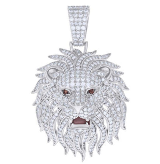 Sterling Silver Lion Pendant with Moissanite and Red CZ Stones