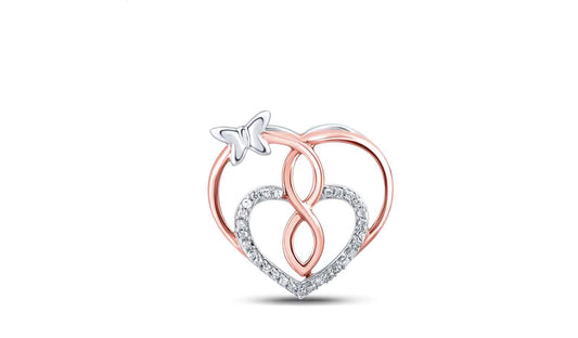 Sterling Silver Rose-Tone Heart Butterfly Diamond Charm