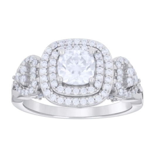 Sterling Silver White Sapphires Double Halo Ring