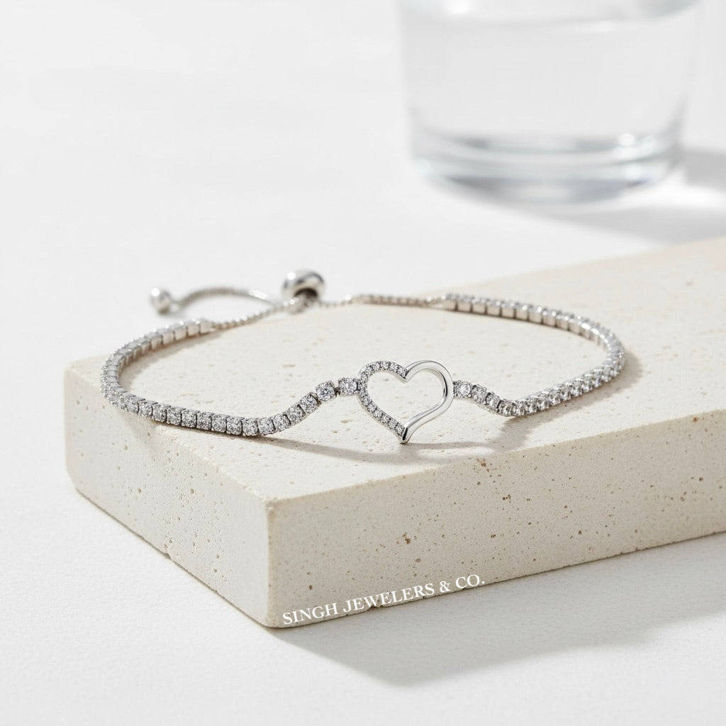 925 sterling silver heart tennis bolo bracelet with cubic zirconia stones for women