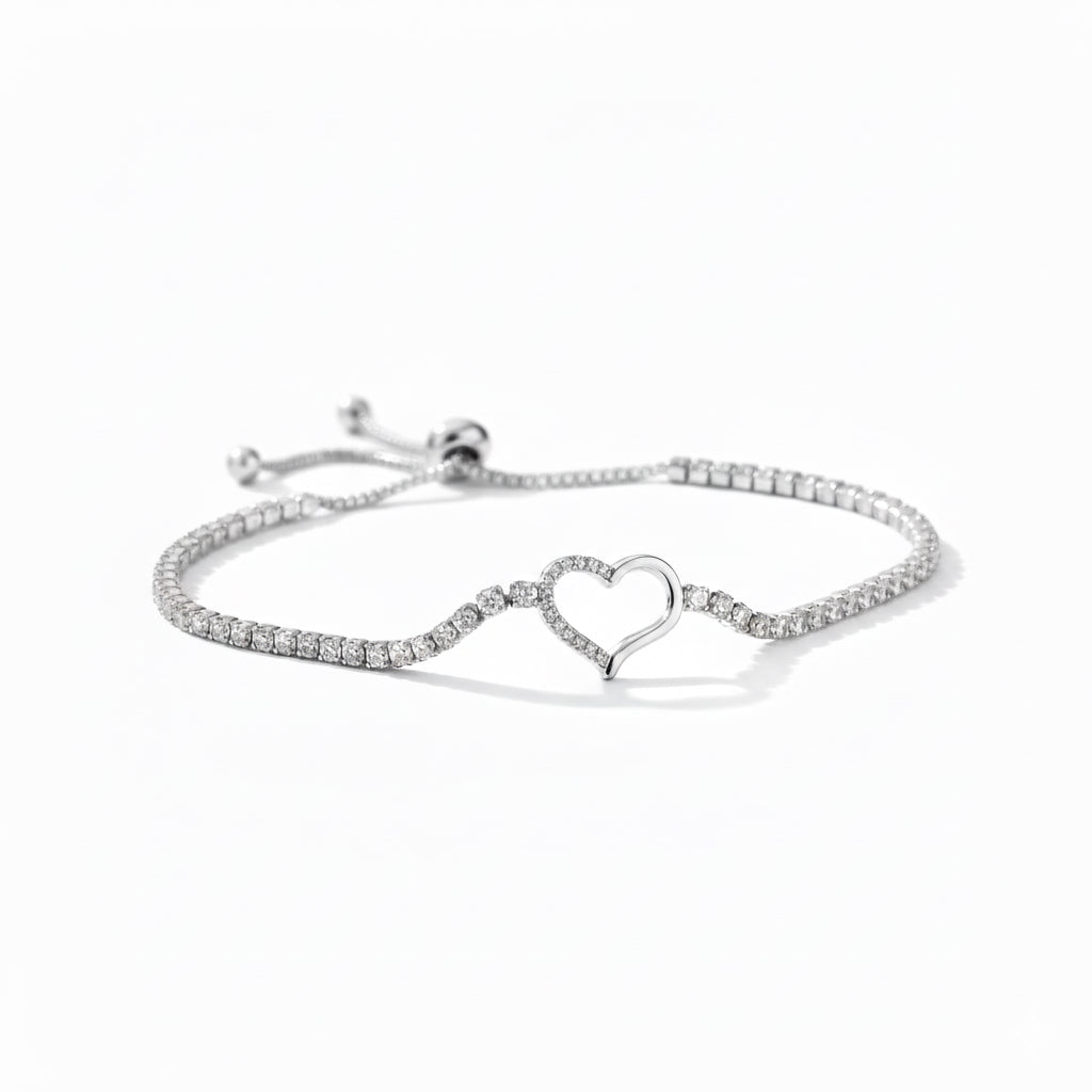 925 sterling silver heart tennis bolo bracelet with cubic zirconia stones for women