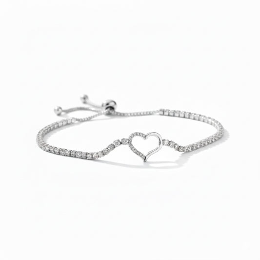 925 sterling silver heart tennis bolo bracelet with cubic zirconia stones for women