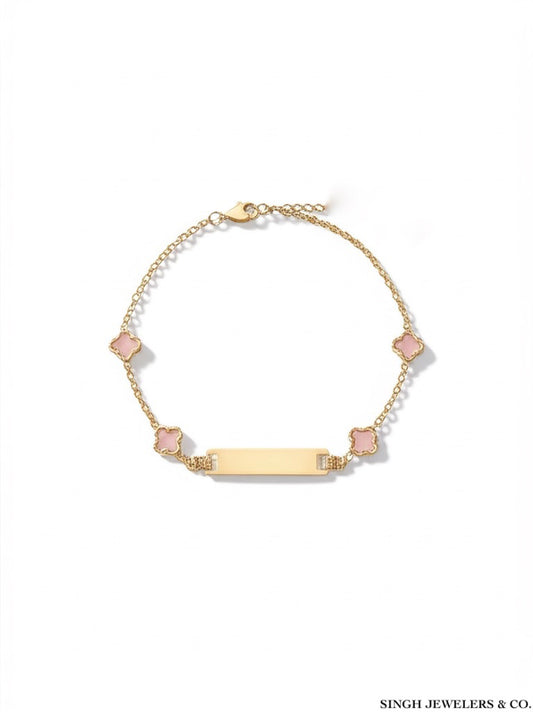 10K Yellow Gold Baby ID Bracelet – Pink 5mm Clover, 5" Adjustable