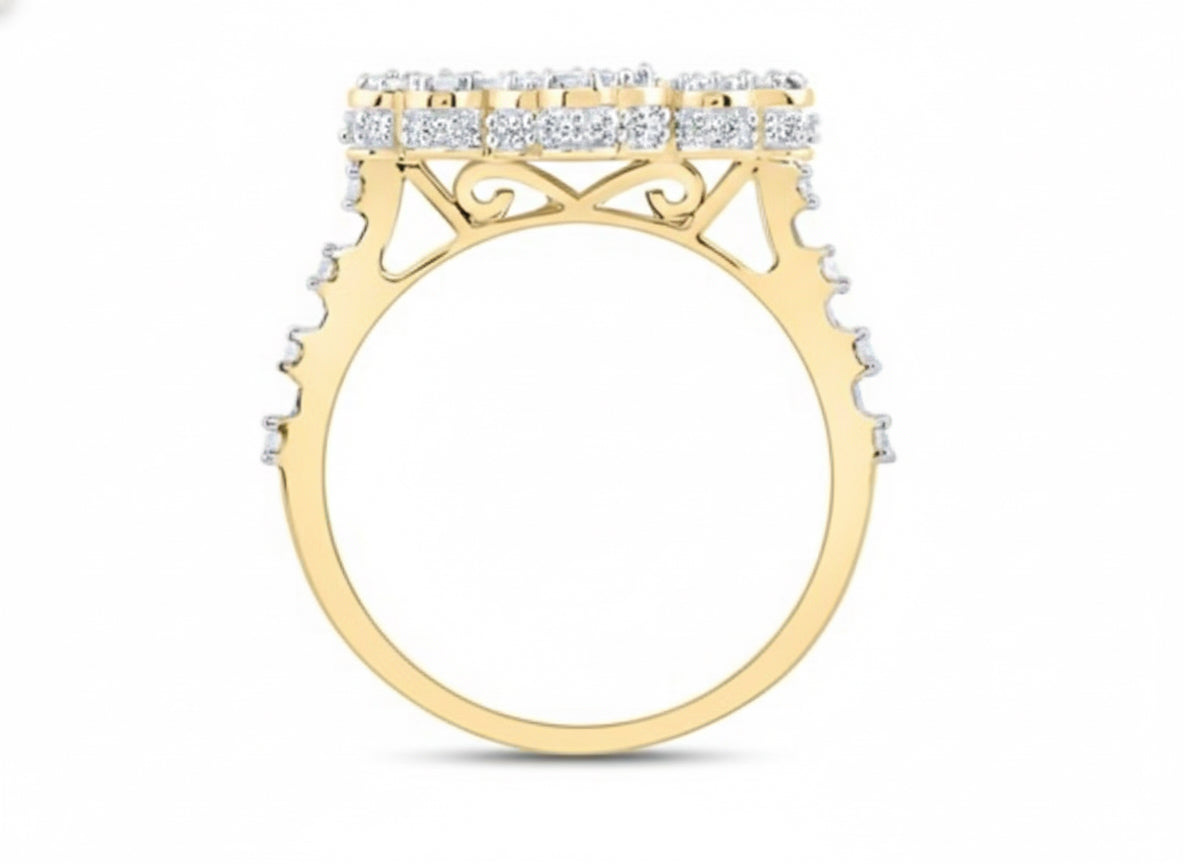 Gold ring with diamond accents on a white background