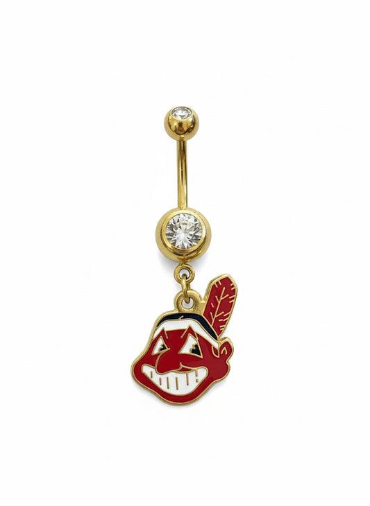 Baseball-themed belly button ring with red and navy design, made of surgical stainless steel