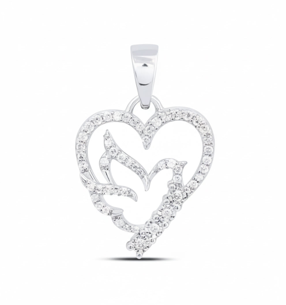 Sterling silver bird and heart pendant with 1/6 CTW diamonds, 19.5mm long