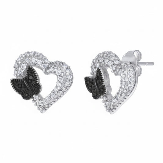 Sterling silver black butterfly heart earrings with white sapphire accents