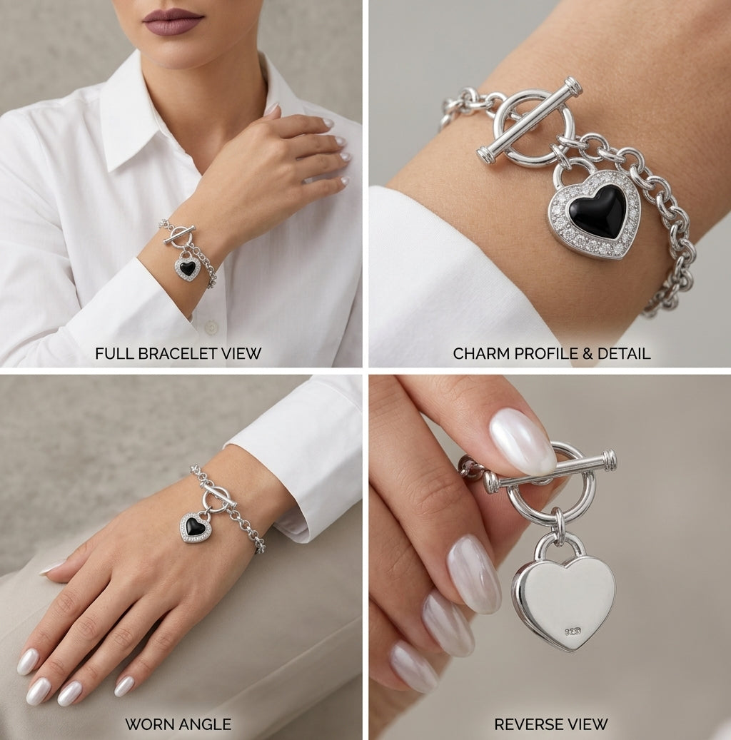 Women's sterling silver bracelet with black CZ heart charm