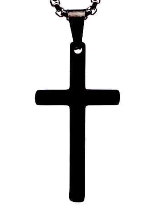 Black stainless steel cross necklace with 30mm height and 16mm width pendant. Sleek, modern design for everyday wear or special occasions.