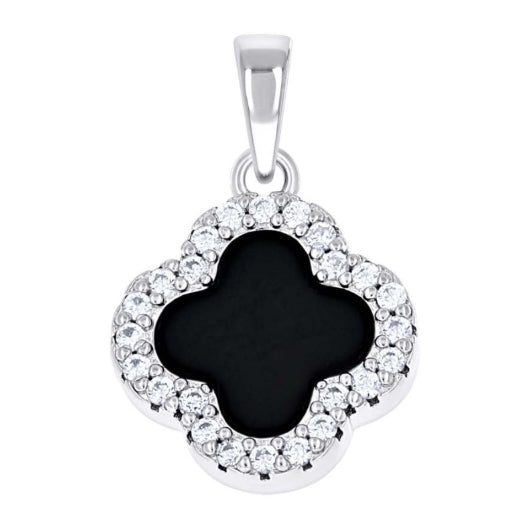 Close-up of black and white sapphires set in 925 silver clover charm