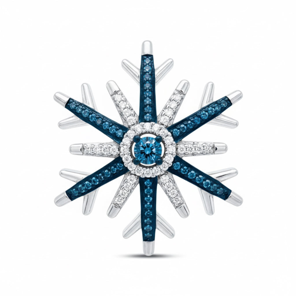 Sterling silver snowflake pendant with natural blue and white diamonds, 1/6 CTW