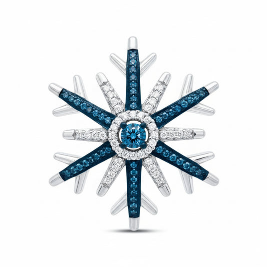 Sterling silver snowflake pendant with natural blue and white diamonds, 1/6 CTW