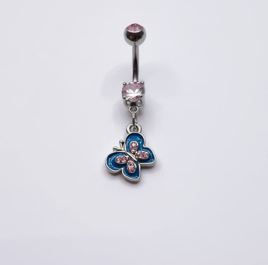 blue enamel butterfly belly button ring crafted from 316L surgical steel
