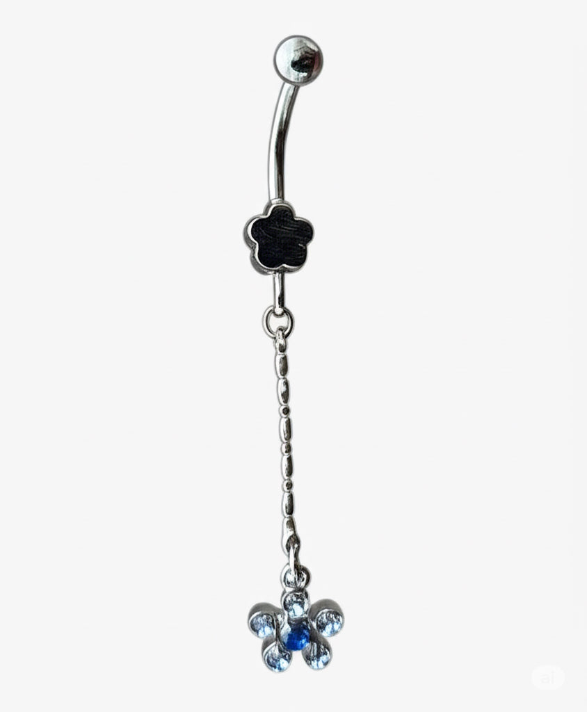 Blue flower dangle belly button ring with crystal center made from 316L surgical stainless steel