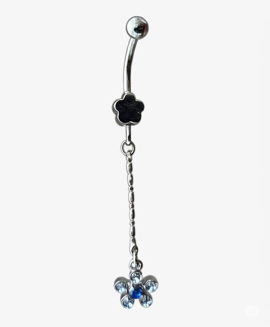 Blue flower dangle belly button ring with crystal center made from 316L surgical stainless steel