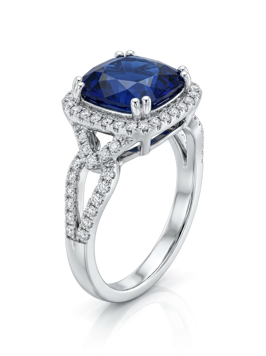 Close-up of a blue stone cubic zirconia ring