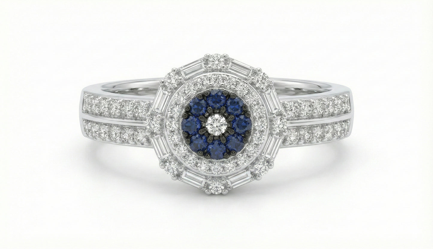 Elegant ring with blue gemstone and diamond accents on a white background