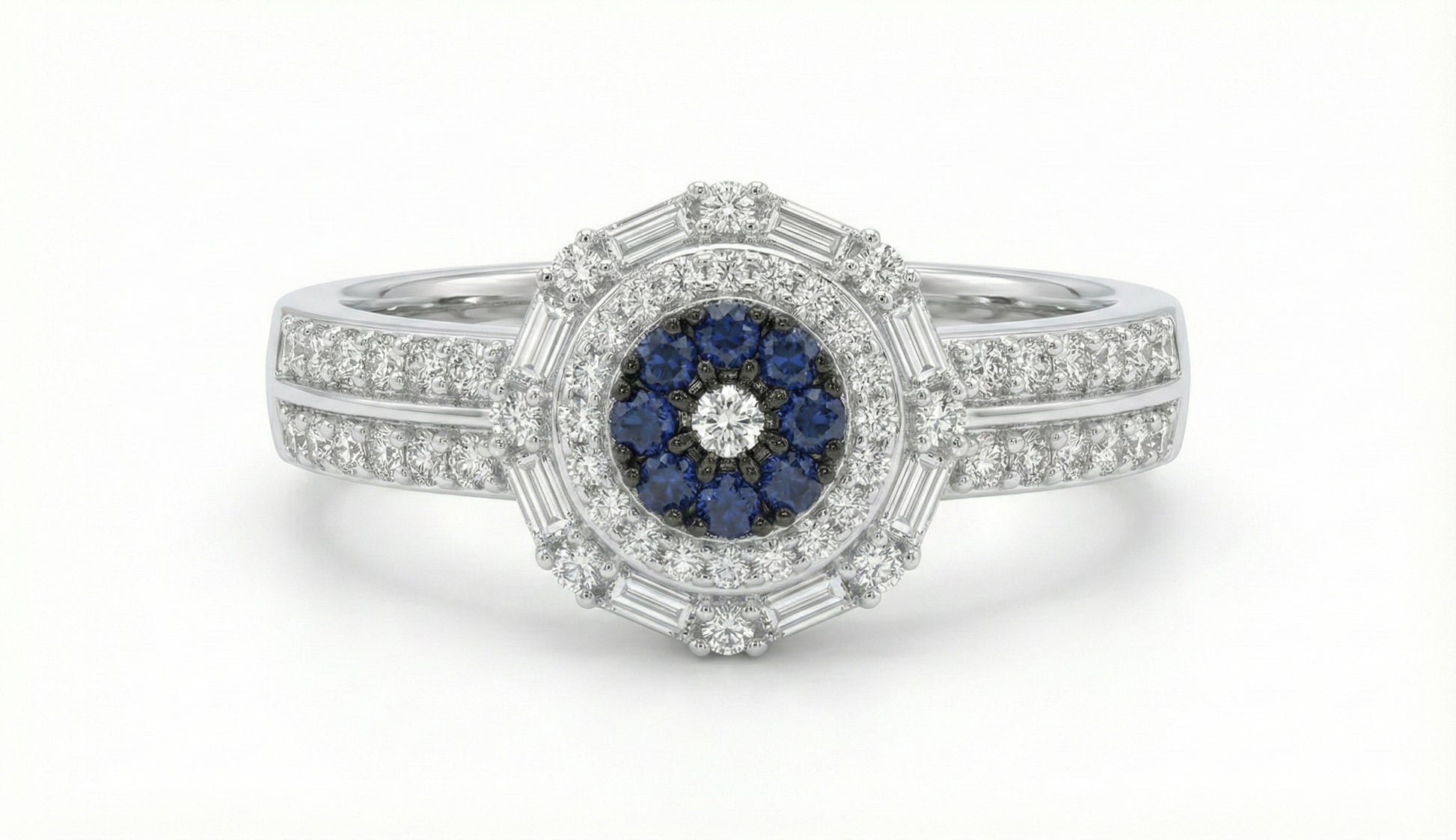 Elegant ring with blue gemstone and diamond accents on a white background