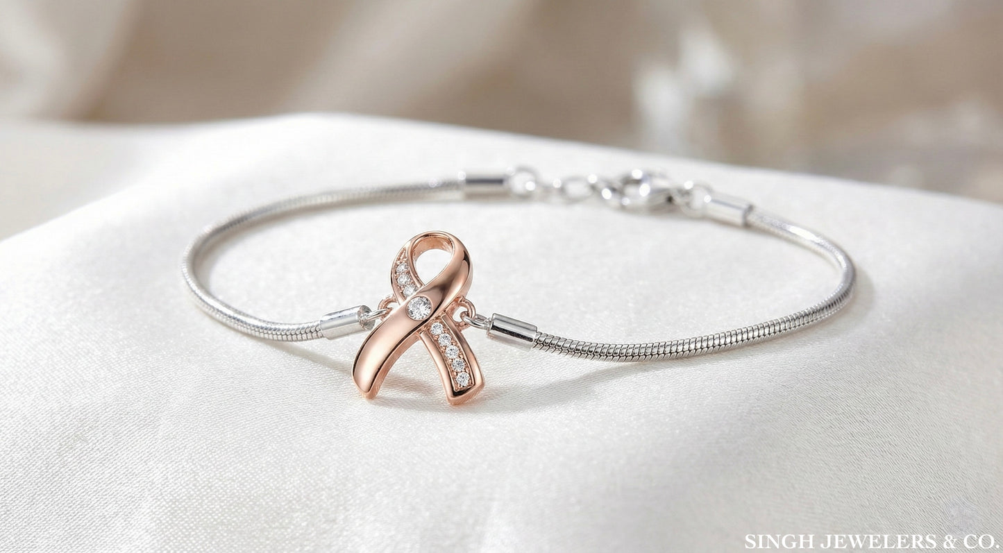Sterling Silver Breast Cancer Pink Awareness Ribbon Round 1/20 Cttw Diamonds Bracelet